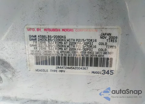 2010 Mitsubishi Outlander Es из США, поврежденный, VIN JA4AT2AW5AZ004367